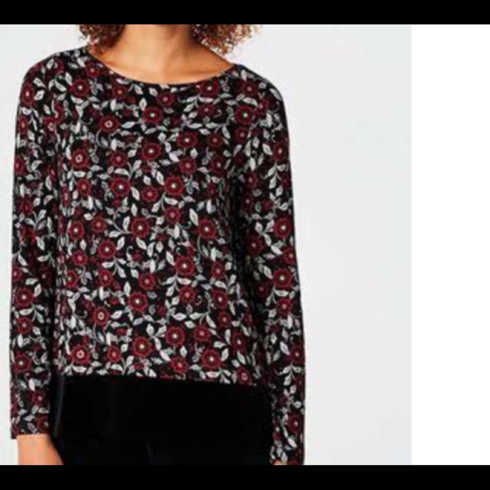 J Jill Wearever Collection Black floral  Tee long sleeve